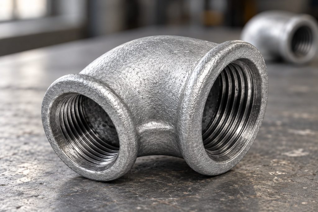 Cotovelo galvanizado de 90 graus com rosca BSP sobre bancada industrial